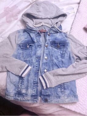 Women’s Denim Hooded Jacket with Knit Sleeves